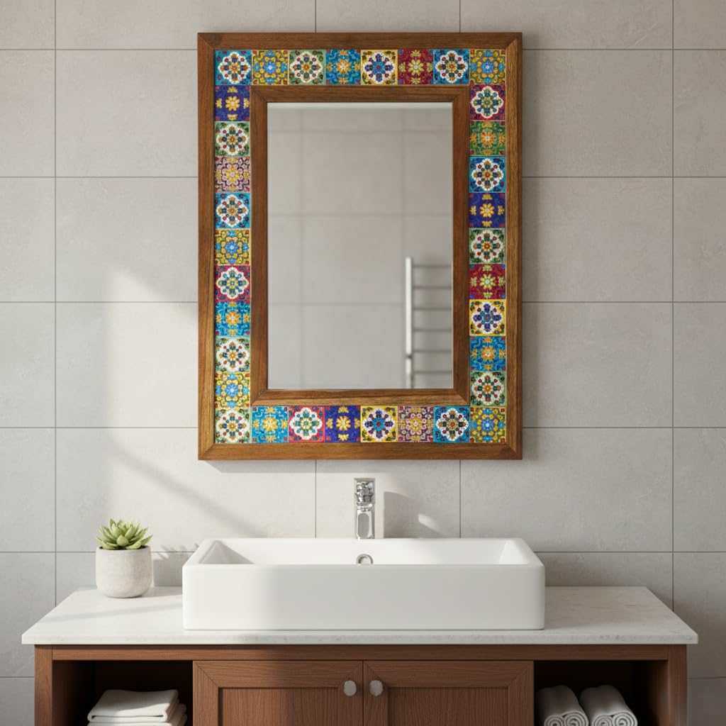 Handcrafted Multicolour Ceramic Tile Wooden Frame Wall Mirror for Living Room, Bedroom & Bathroom Décor, 58 x 43.5 cm-image-40