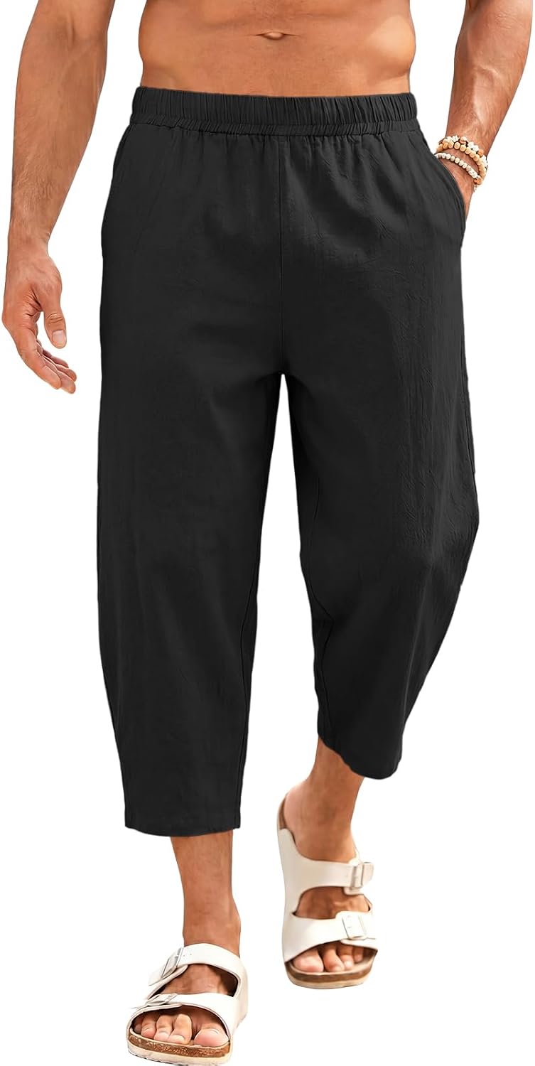 Runcati Mens Cotton Harem Capri Pants Baggy Elastic Waist Beach Trousers