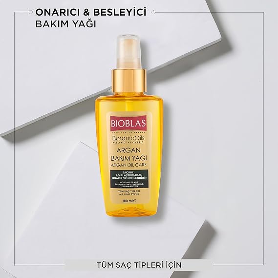 Bioblas Argan Yağlı Saç Bakım Yağı – Durulanmayan, Isıya Karşı Koruyucu, Onarıcı & Parlaklık Veren Serum,%100 Besleyici Etki, 100 ml