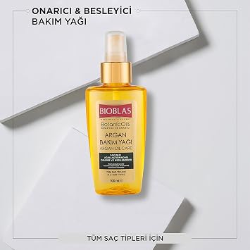 Bioblas Argan Yağlı Saç Bakım Yağı – Durulanmayan, Isıya Karşı Koruyucu, Onarıcı & Parlaklık Veren Serum,%100 Besleyici Etki, 100 ml