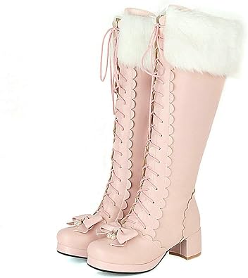 LUXMAX Women Cute Lolita Knee High Boots Lace Up Block Heel Knee Length Boots Platform High Heel Long Winter Boots