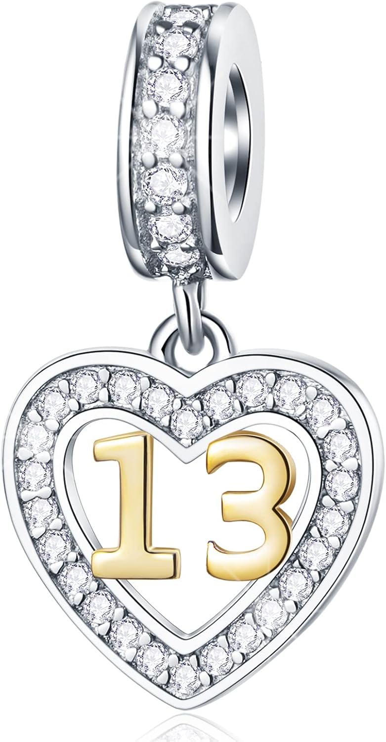 10 13 15 16 17 18 19 20 21 22 25 28 30 35 40 45 50 55 60 65 70 Charms de cumpleaños, para pulsera de aniversario europeo, número de oro 925 Colgante de corazón CZ de plata de ley, para mujeres/hombres