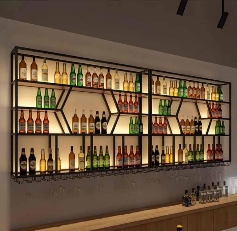 Botellero LED montado en la pared para botellas y vidrio, estantes flotantes de metal, copa colgante para el hogar, restaurante, bares (tamaño: 120 x 20 x 125 cm, color: negro-a)