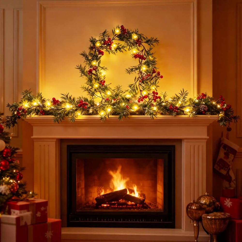 1.8M/6FT Christmas Garland with Lights, Christmas Decorations Garland with Red Berries Green Leaves 20 LED Lights for Fireplace Stair banister Tree Garden, Table Centrepiece for Decorations