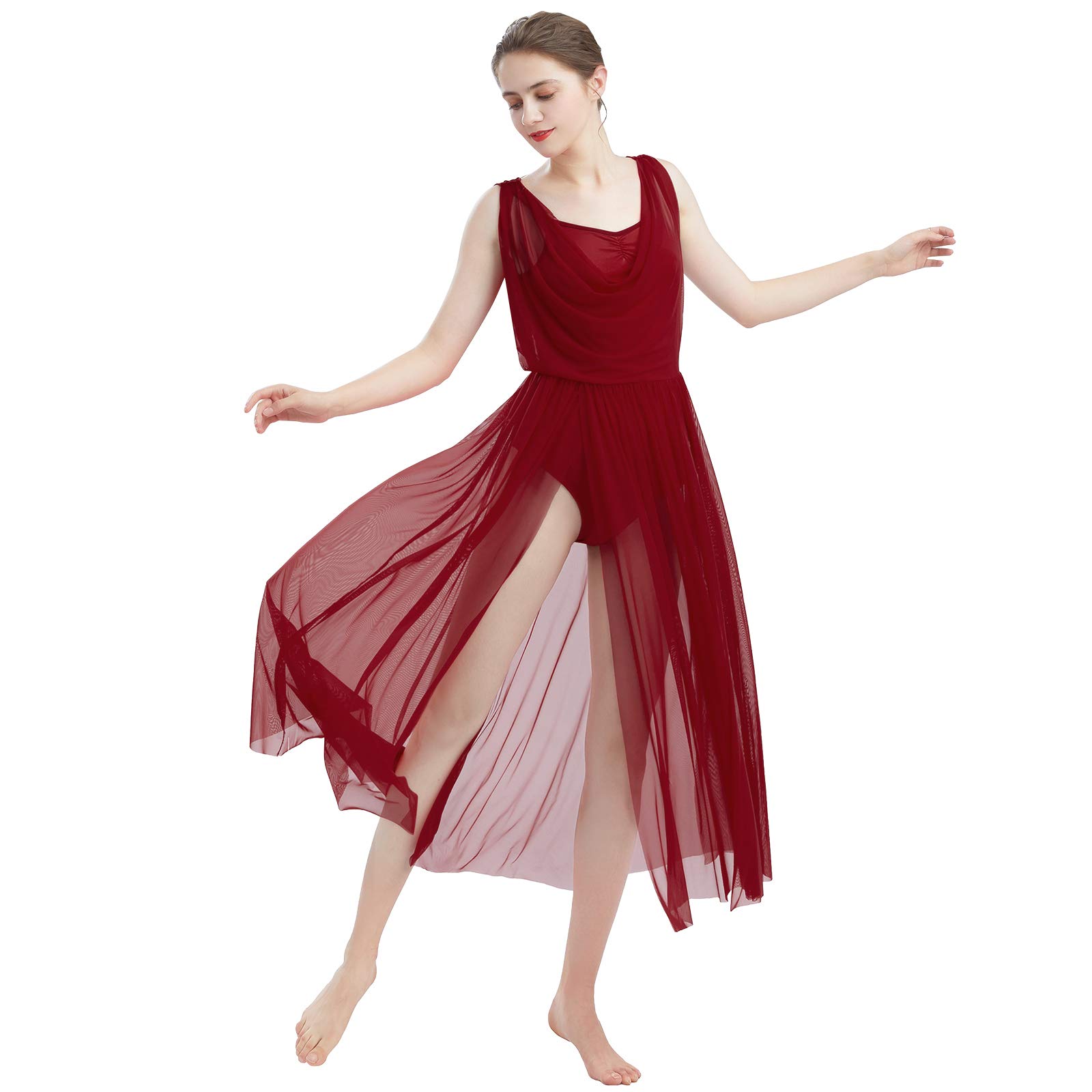 FYMNSI Adult Women Lyrical Dance Costume Modern Contemporary Dancewear V-Neck Backless Split Mesh Tulle Long Skirt Flowy Overlay Dress Stage Performance Clothing