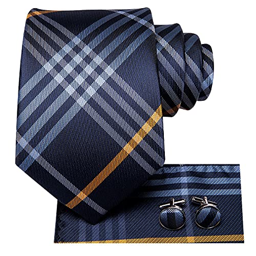 Image of Hi-Tie Mens Plaid Ties Classic Paisley Necktie with Handkerchief Cufflinks Set Business Stripe Tie