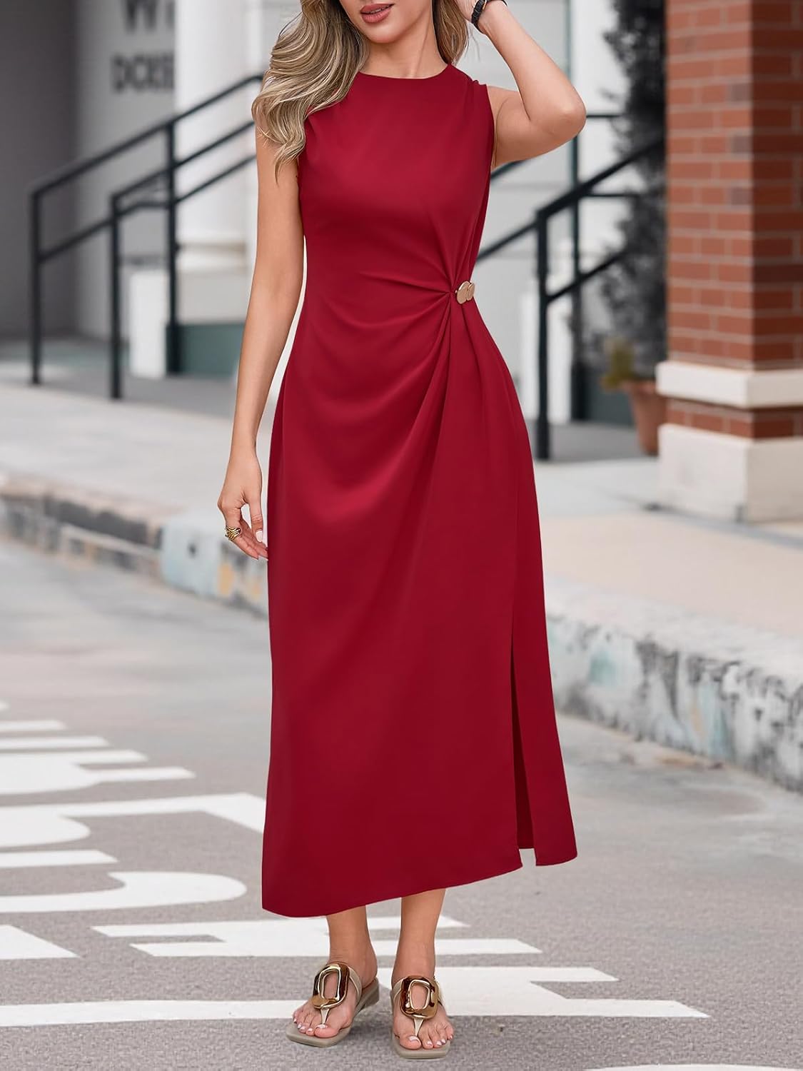 Wenrine Womens Sleeveless Ruched Maxi Dress Summer Casual Crewneck High Slit Back Zipper Long Dresses - Image 3