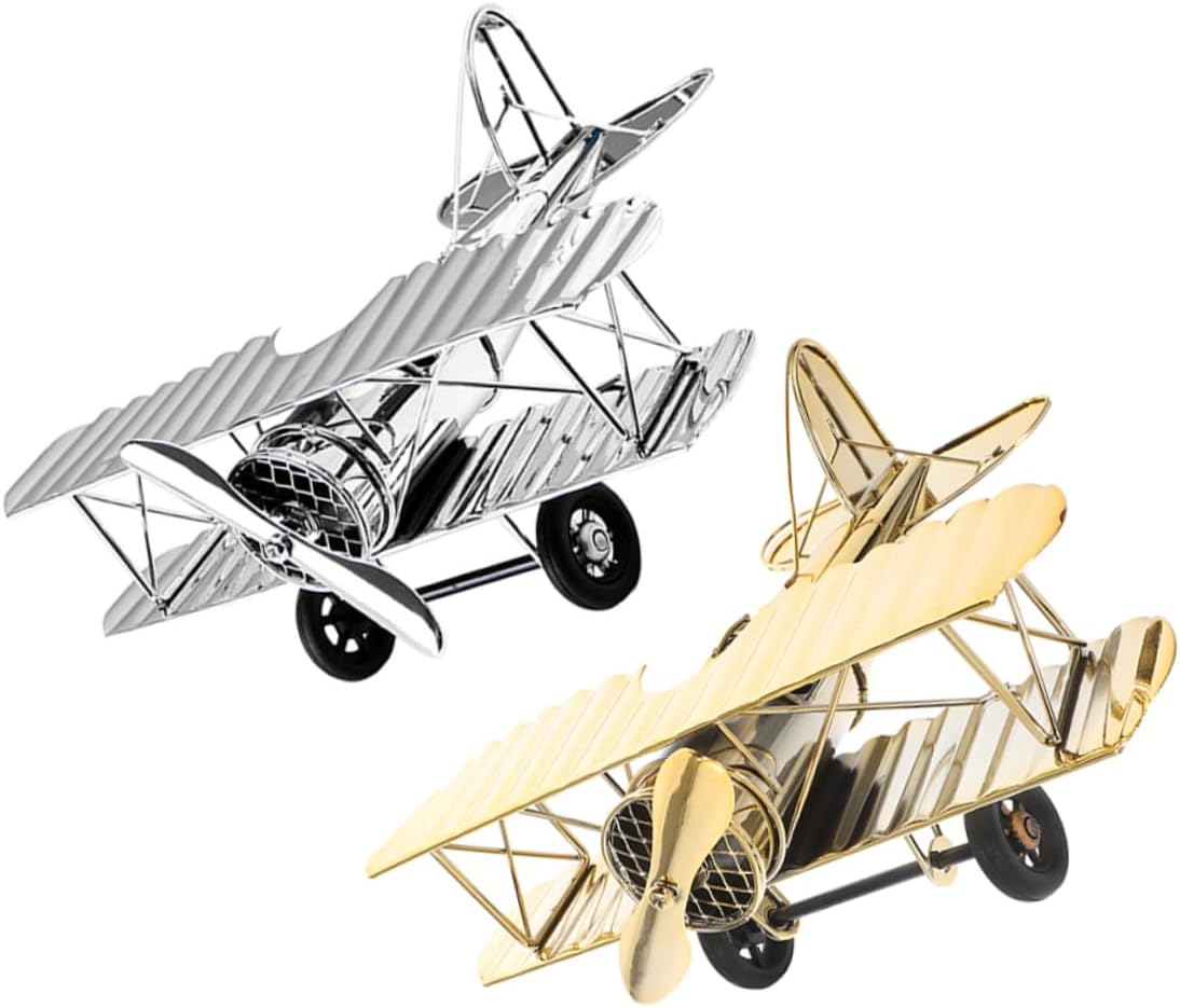 2pcs Vintage Metal Airplane Models Retro Iron Aircraft Decor for Home Office Unique Plane Figurines Elegant Tabletop Decoration for Aviation Enthusiasts