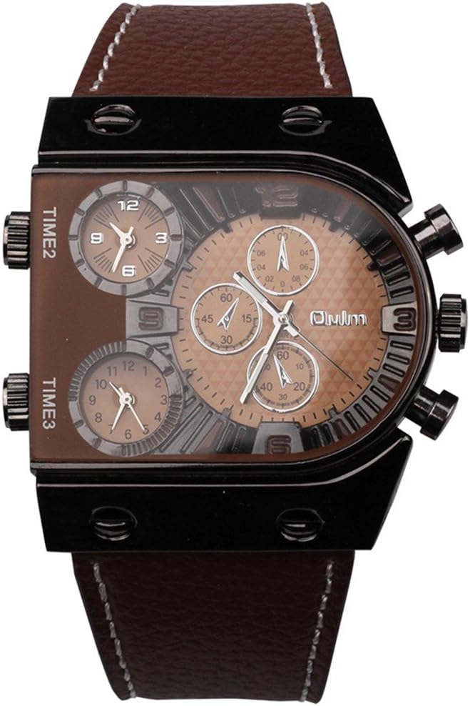 Oulm Russia Military Army Brown Dial Multi-time Zones 3 Times Quartz Leather Sports Analog Watches