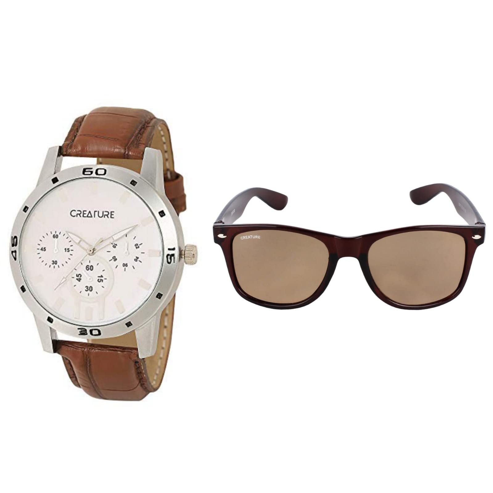 CREATURE Analogue White Dial Mens Watch & Brown Sunglasses Combo for Men |Gift Combo Set for Men & Boys (B09XKGZV14) Amazon Price History, Amazon Price Tracker