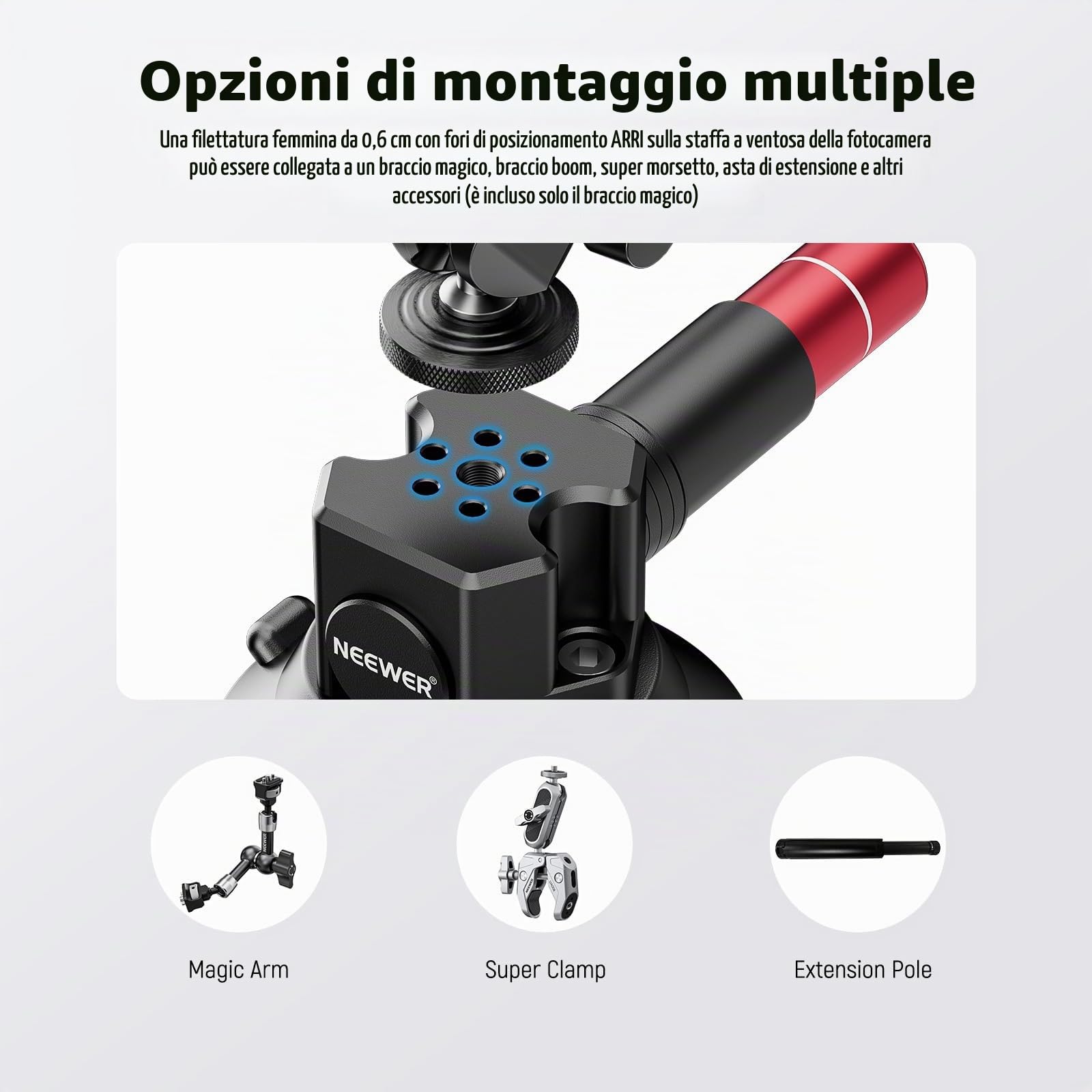 NEEWER Supporto Fotocamera a Ventosa da 3"+Magic Arm con Testa Sfera, Fori per ARRI 1/4", Supporto Auto con Porta Telefono e Adattatore Action Camera Compatibile con iPhone GoPro DJI Insta360, CA104
