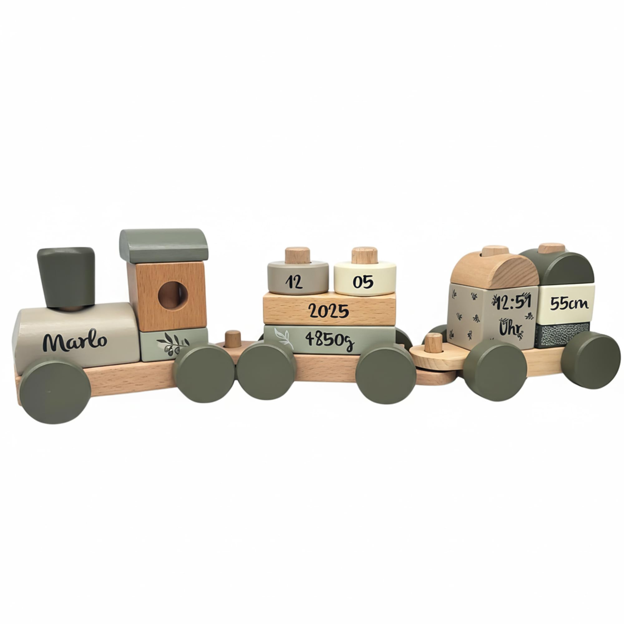 Personalisierte Holzeisenbahn Olivgrün – Personalisierte Geschenke Baby I Steckspielzeug I Geschenk zur Geburt Jungen & Mädchen I Holzzug mit Name & Geburtsdaten – Label Label