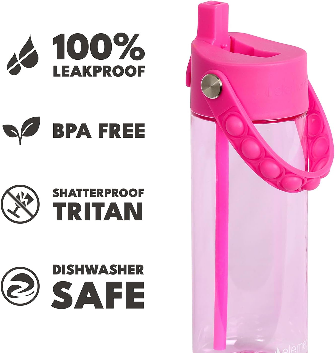 Elemental Water Bottles for Kids - Splash Kids Water Bottle for School with Pop-it Handle - BPA Free Tritan Plastic Water Bottle with Straw Leak Proof when Spout is Closed - Hot Pink - 18oz - Image 6