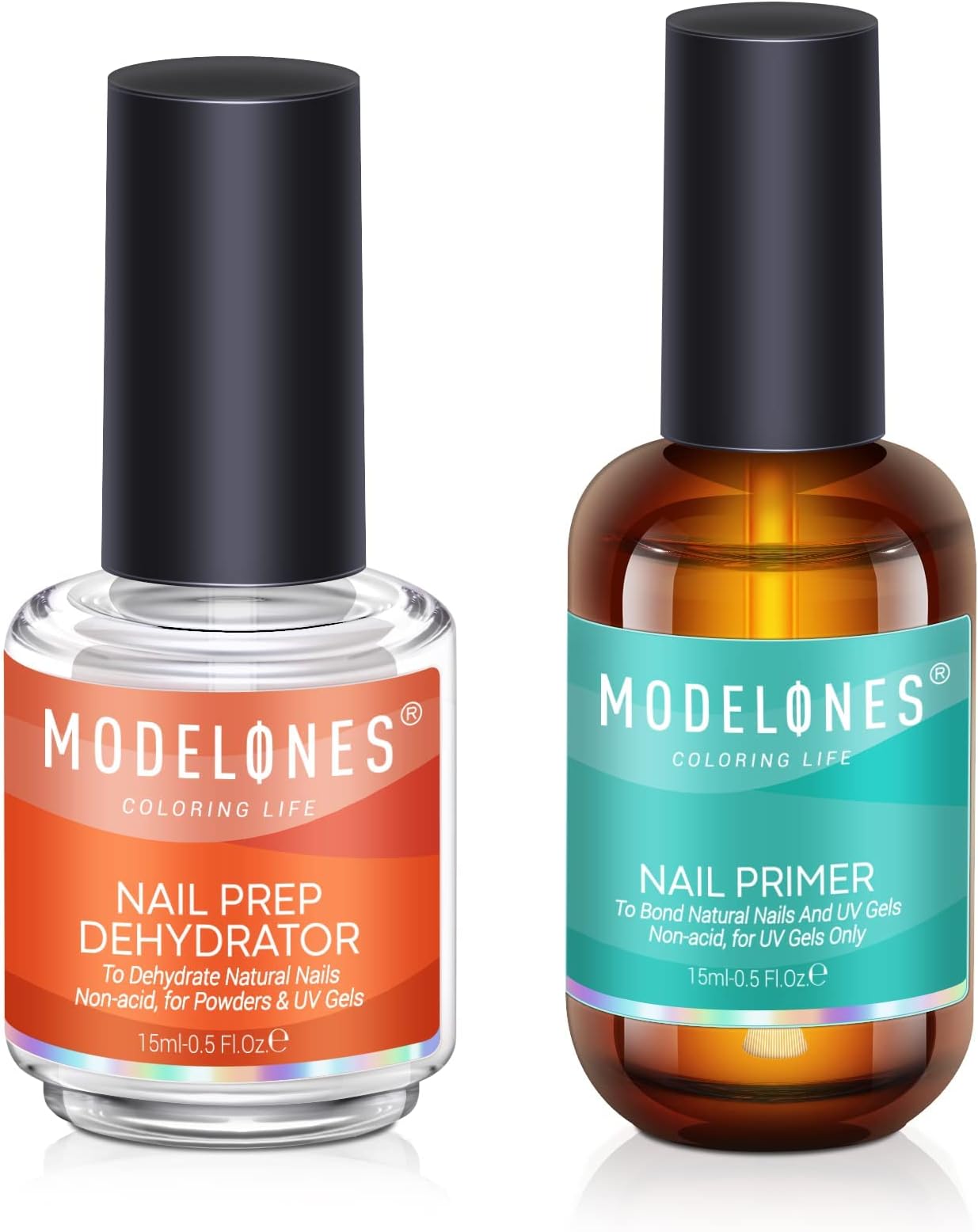 Modelones Professional Gel Nail Polish Primer, 2Pcs 15ml Acid Free Natural Nail Prep Dehydrate, Air Dry Superior Bonding Primer for Acrylic Powder Supplies Set