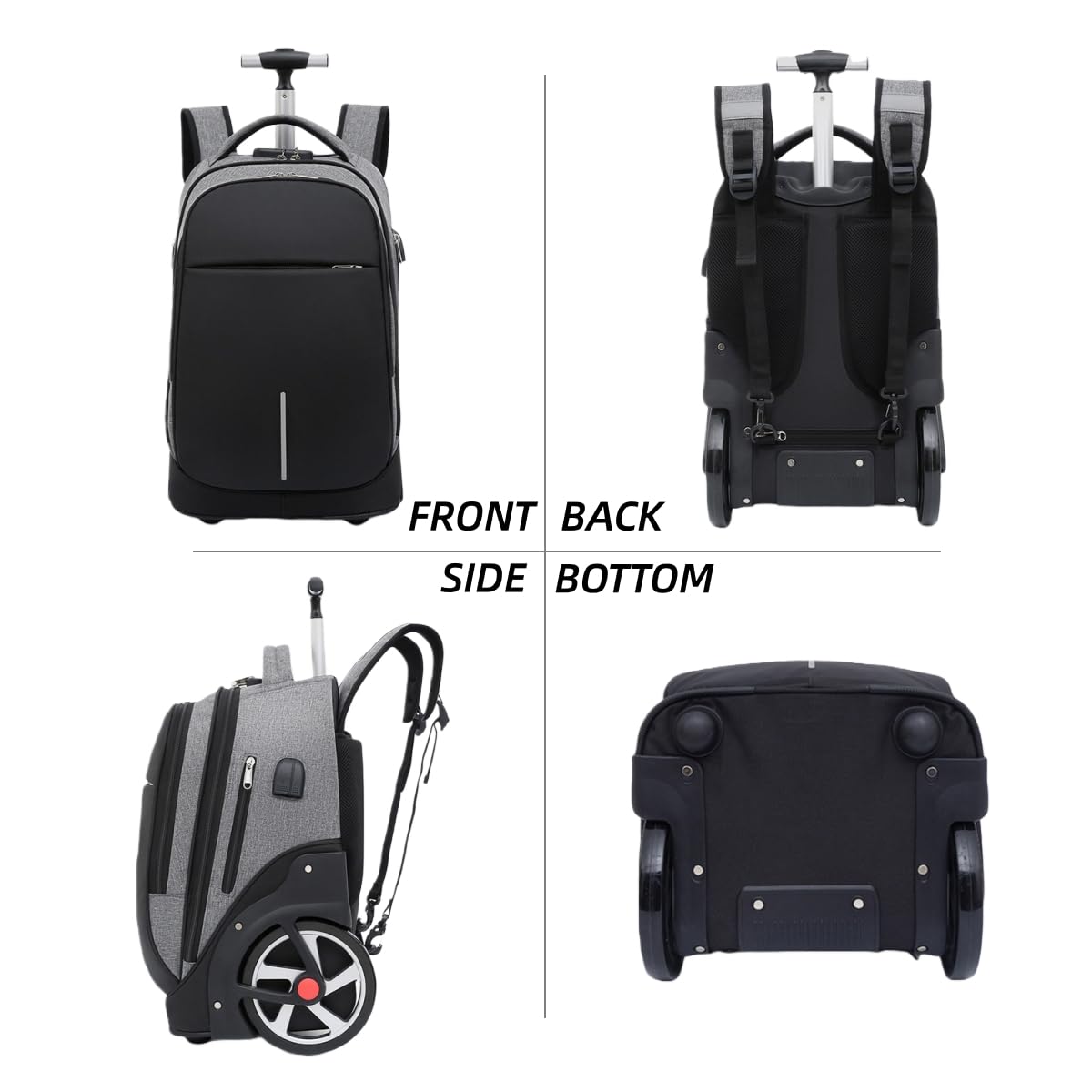 Mochila con Ruedas, Mochilas de Viaje con Ruedas para Portatil 15.6 Pulgadas para Trabajo Universidad Negocio Uso Diario, Gris