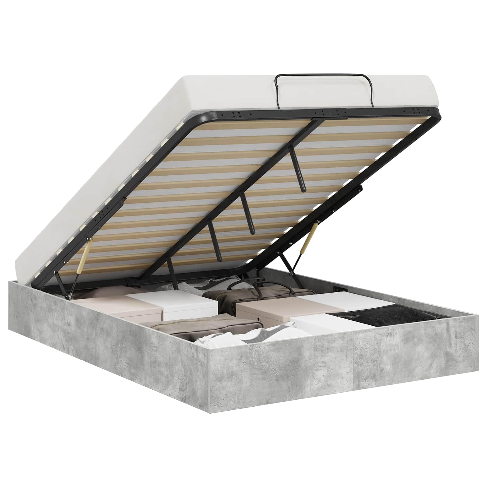 Ottoman, struttura per letto in cemento grigio, 203 x 140 x 25 cm, materiale in legno con meccanismo di sollevamento a gas, telaio per materassi Queen per spazio spazioso, base moderna per