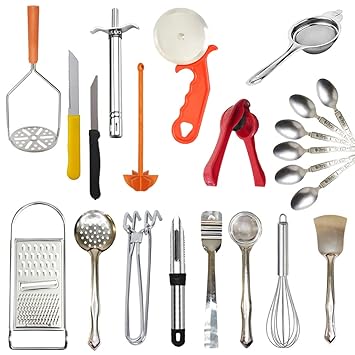 Buy Kitchen Bliss Utensil Set 22 Pcs - 3 Ladles, Tongs, Masher, Pan Holder,  2 Knives, Peeler, Grater, Tea Strainer, Gas Lighter, Pizza Cutter, Whisk,  Curd Blender, 6 Spoons, with FREE Lemon
