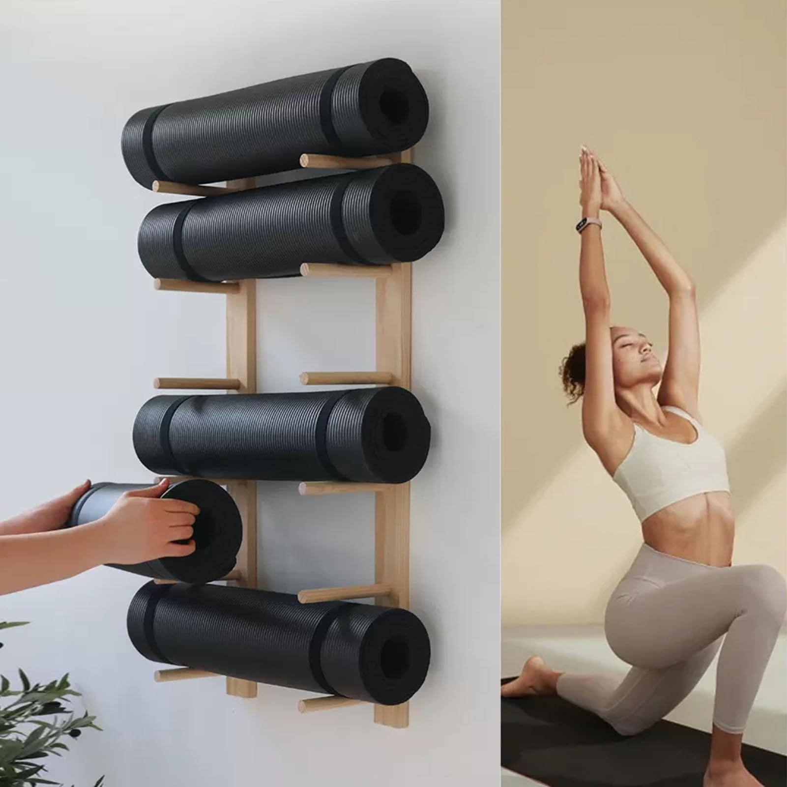 Soporte para Equipo Deportivo Estante de Pared esterillas Yoga Madera 3 6 o 9 estantes Rodillos Espuma Organizador Salas decoración gimnasios en casa.
