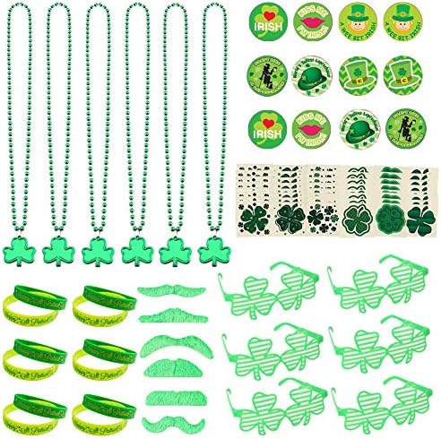 114 Pieces St. Patrick's Day Accessories Set Party Supplies Favors with Shamrock Glasses, Beads Necklace, Rubber Bracelets, Temporary Tattoos, Green Mustaches and Pins Badges, Adults Kids Dress-up Toys for Irish Party Decorations