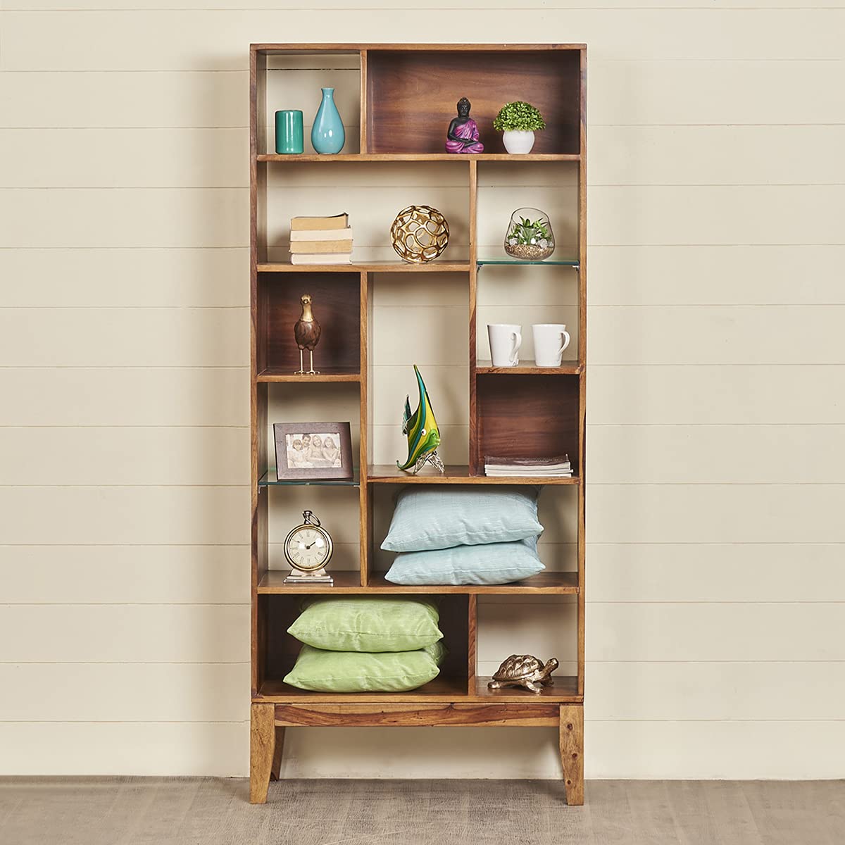 Home Centre Helios Vico Brown Solid Sheesham Wood Open Book Shelf with 13 Shelves-image-4