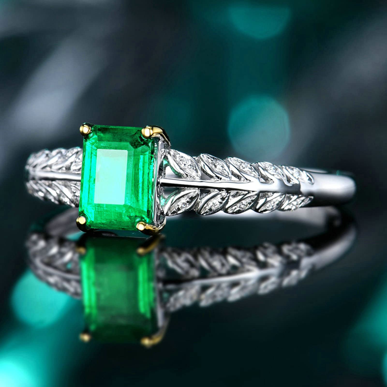 Anillo de boda para mujer de platino, talla 1/2-V 1/2, anillos de compromiso con hojas de 4 garras con esmeralda de 1 ct y moissanita