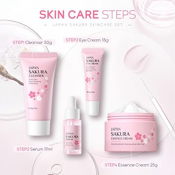Sakura Skin Care Sets & Kits for Teenage Girls, 4 Piece Cherry Blossom Valentines Gifts Set, Skin Cleaning & Care Kit with Cleanser, Serum, Face Cream, Eye Cream