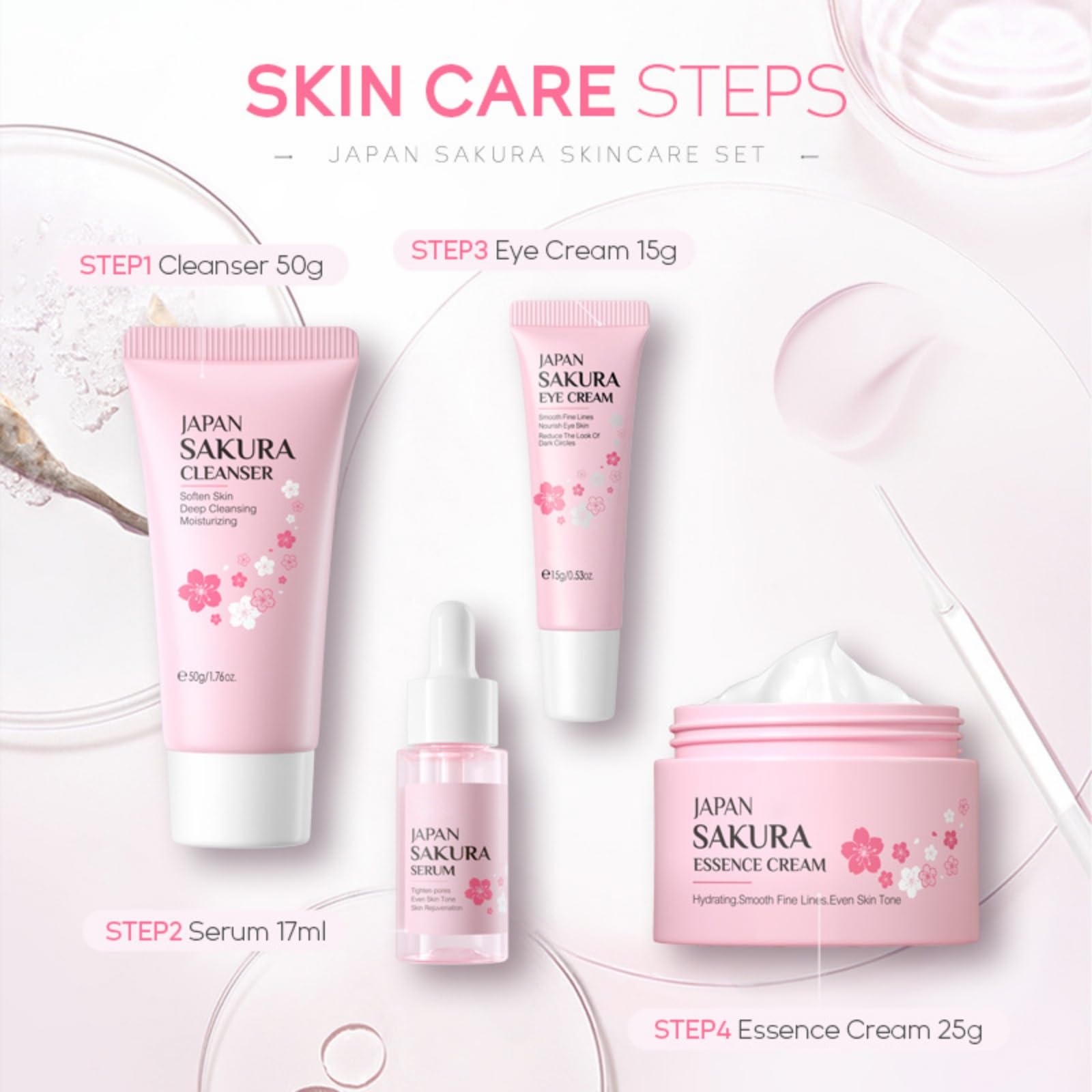 Hotiary Skin Care Set Sakura Beauty Gift Sets Skin Care Kit with Cleanser,Face Serum,Eye Cream,Face Cream Travel Kit for Women Mom Wife Sister Daughter Teen Girls Birthday Gift 4pcs