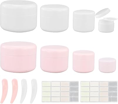 8 Pcs Cosmetic Sample Jars,Empty Plastic Cosmetic Jar,Small Travel Cream Pot 10ml/30ml/50ml/100ml,with Spatulas and Labels,for Cream,Make-Up Sample Storage