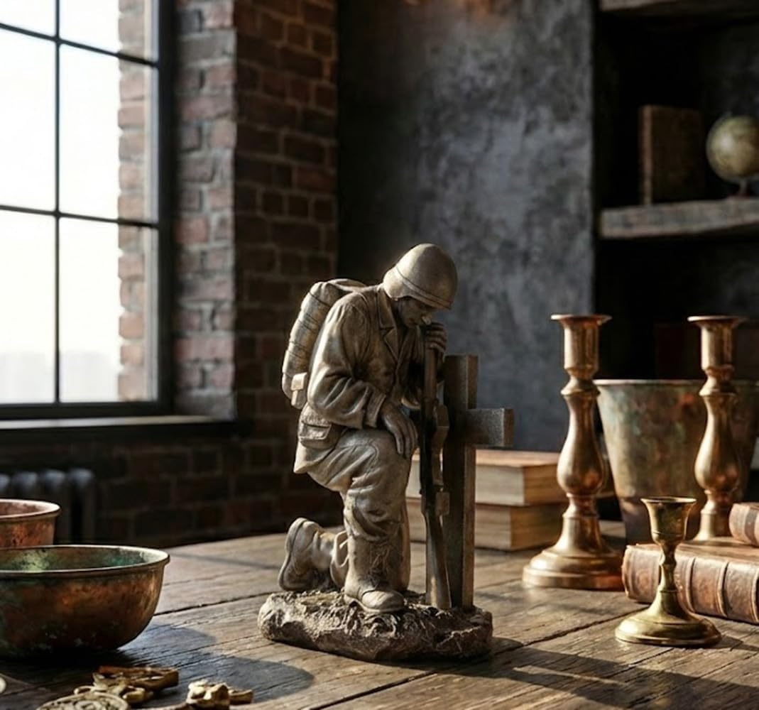 Napco Garden Antique White Finished Praying Soldier at Grave Military Memorial Statue