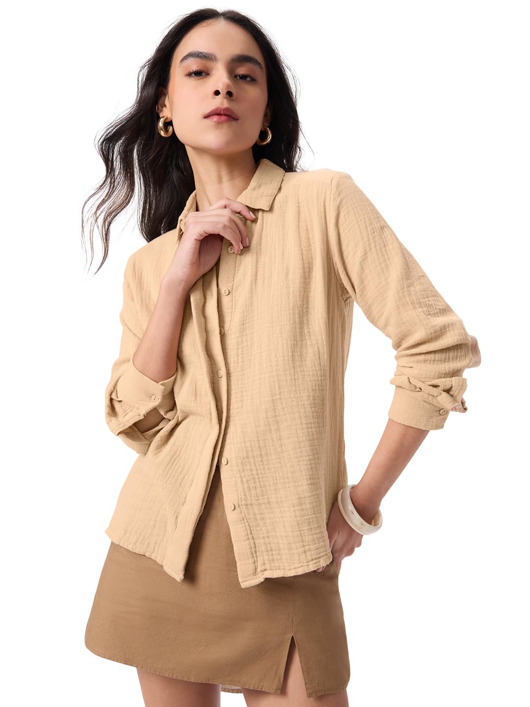the souled store Textured Shirt: Women and Girls Full Sleeves Spread Collar Solid Cotton Regular Fit Lightweight All-Season Shirt for Casual Wear-picture-20