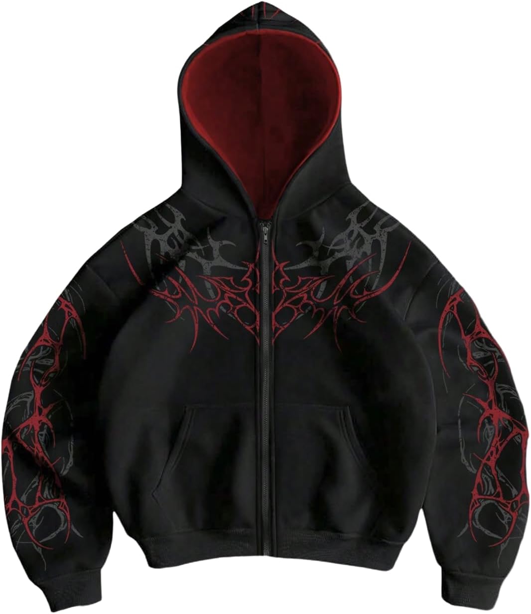 Men's Y2k Goth Graphic Zip Up Hoodies Long Sleeve Grunge Punk Sweatshirt with Pockets