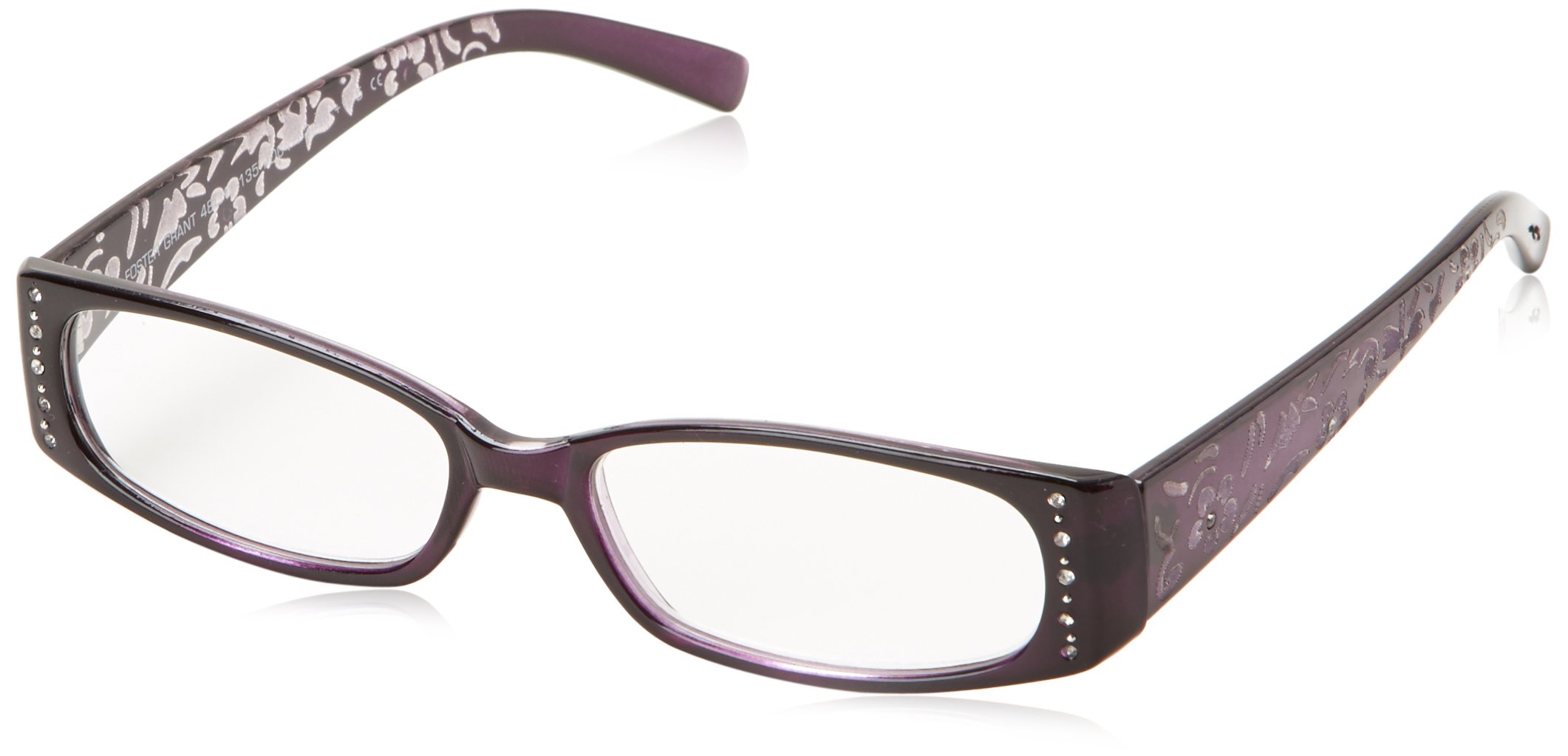 Foster Grant Women's Carla Rectangular Reading Glasses, Purple/Transparent, 42 mm, 1.25
