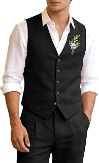 Men's Linen Suits 2 Piece Slim Fit Suit Prom Beach Wedding Groomsman Vest Pants Set Casual Summer Linen Outfit