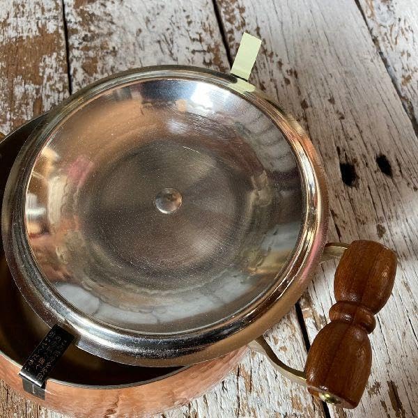 80-90s ヴィンテージ 未使用*純銅 槌目 両手鍋*ウッド 木の取っ手 銅鍋