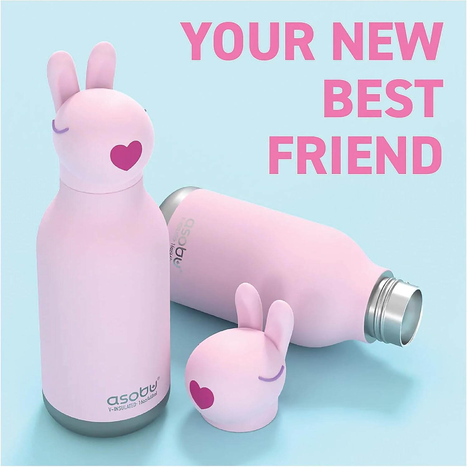 ASOBU Bestie Bottle Bunny Vacuum Insulated Stainless Steel Water Bottle with Reusable Flexi Straw, 16 oz., Pink