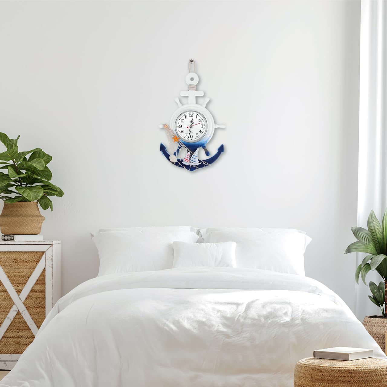 Garneck Mediterranean Style Boat Anchor Wall Clock Wooden Anchor Wheel Clock Decorative Coastal Beach Home Decor Mediterranean Style Wall Hanging Ornament