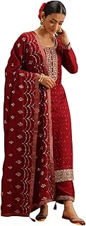 Libas Womens Embroidered Silk Blend Straight Kurta With Trousers and Dupatta