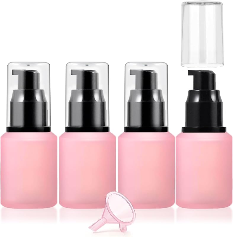 DPLASKA Frascos de Vidro Fosco Rosa com Bomba, 30 mL, Pacote com 4 e Funil
