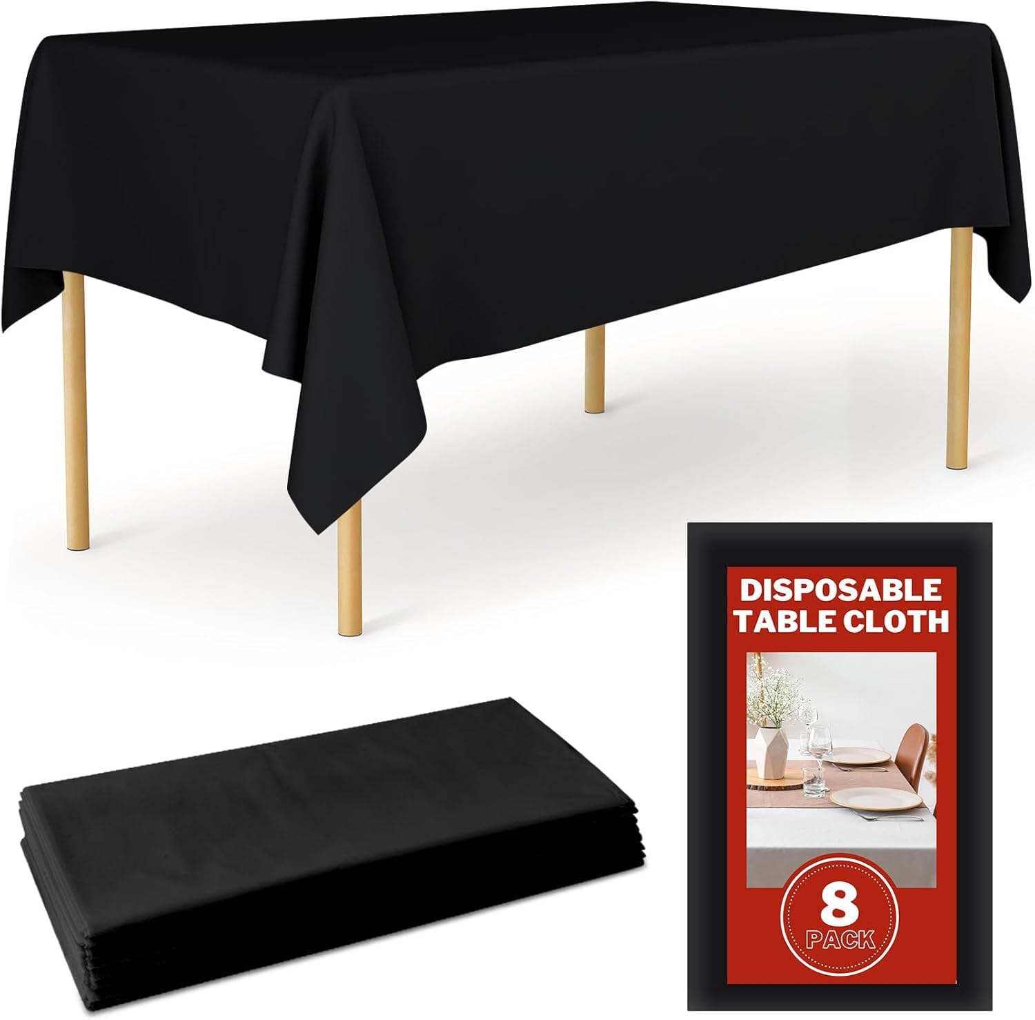 ausurme 8 Pack Plastic Table Cloths,54 x 108 inch Disposable Tablecloths,Disposable Plastic Tablecloth,Black Tablecloth,Rectangle Table Cover for Parties Dinning Birthday Wedding(Black)