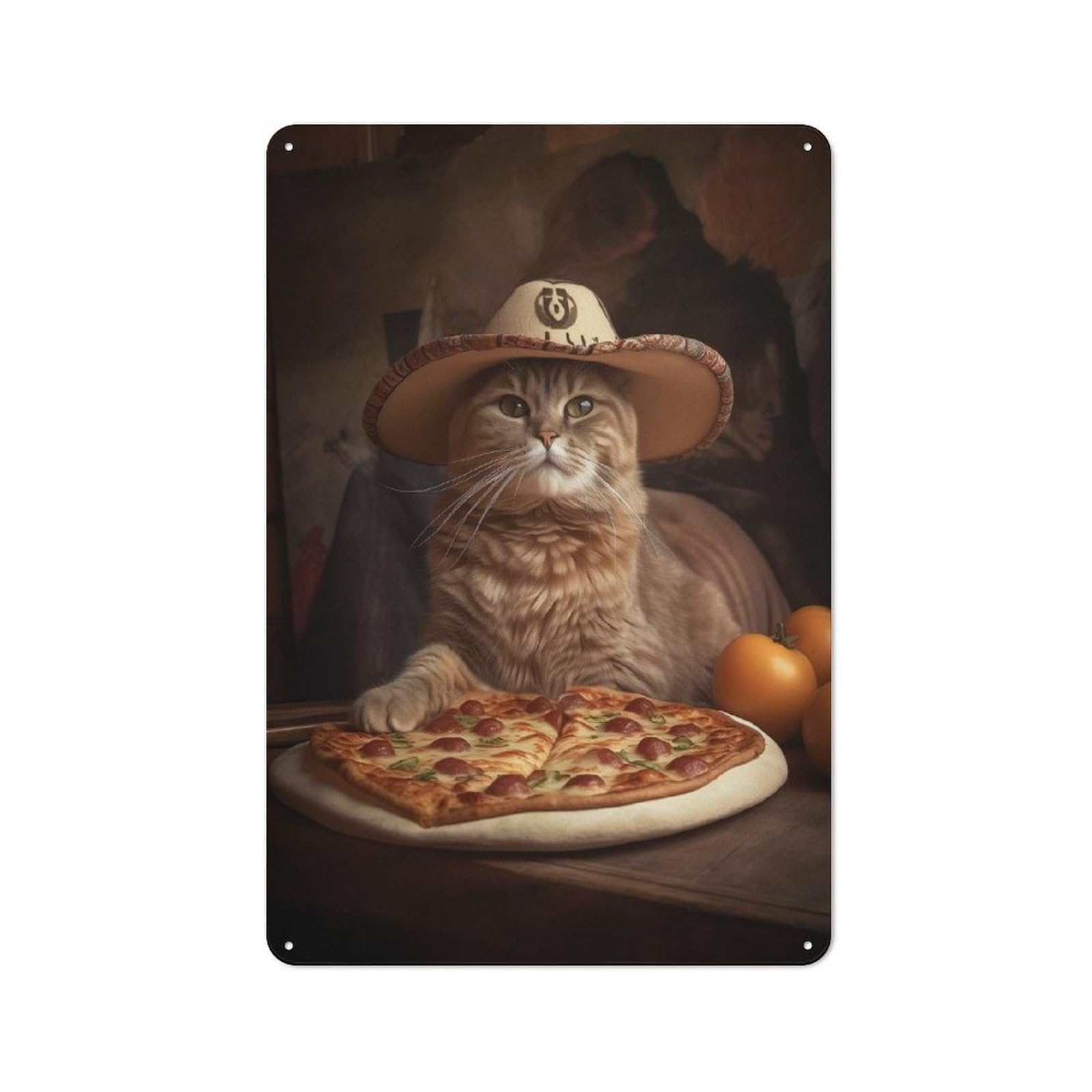 Garage Style Kitten Cowboy Loves Pizza Retro Metal Sign 30x20cm, Workshop Wall Decor for Workshop, Basement, Shed Or Games Room