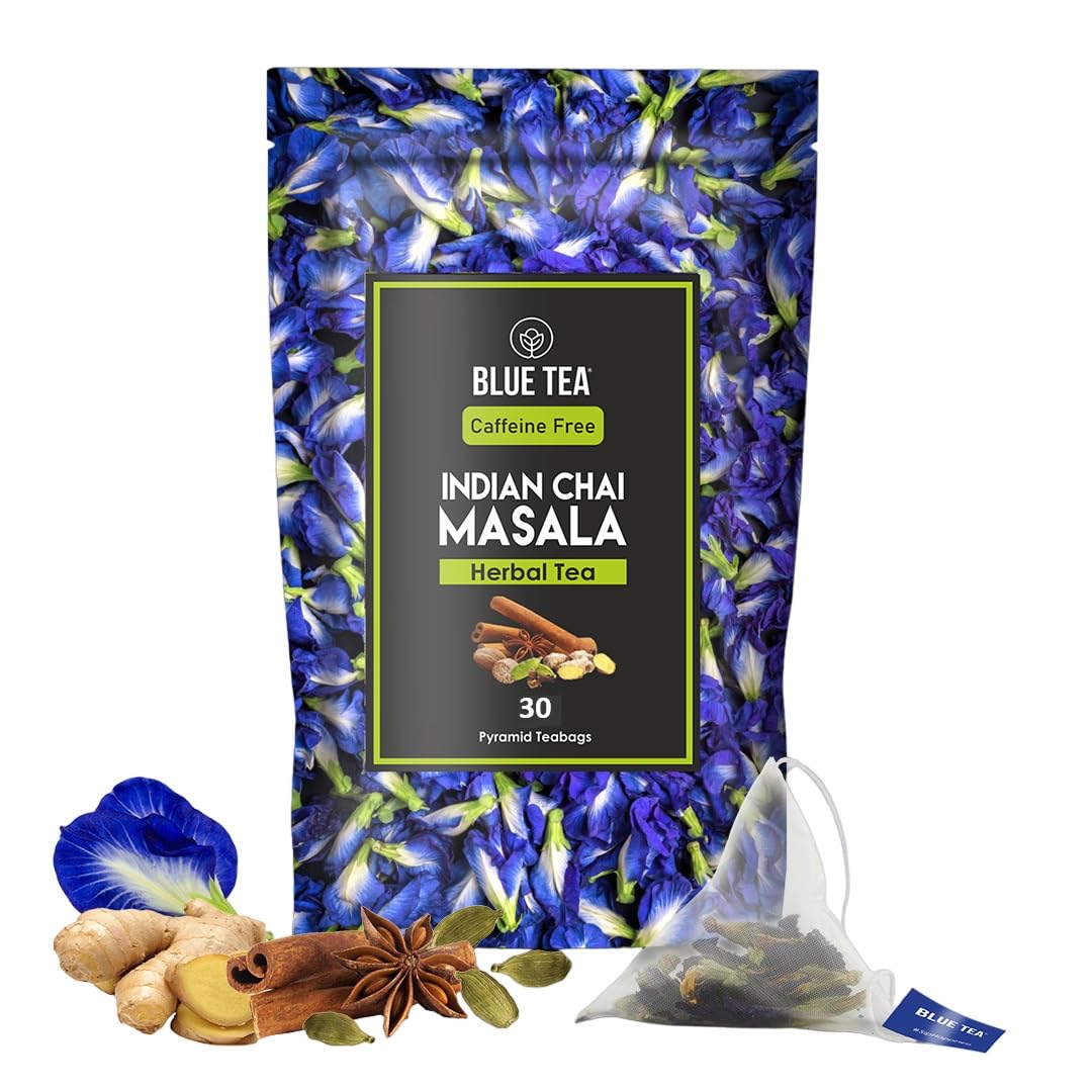 BLUE TEA - Indian Chai Masala - Calming Masala Tea | 30 Tea Bags - Plant Based | REFRESHING TEA | Aparajita - Shankhpushpi | Caffeine Free - Flower Based | Zipper Pack