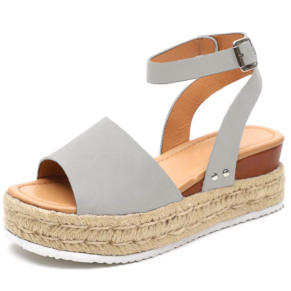 Athlefit Women's Espadrille Wedge Sandals Ankle Strap Buckle Platform Sandals Size 10.5 Grey