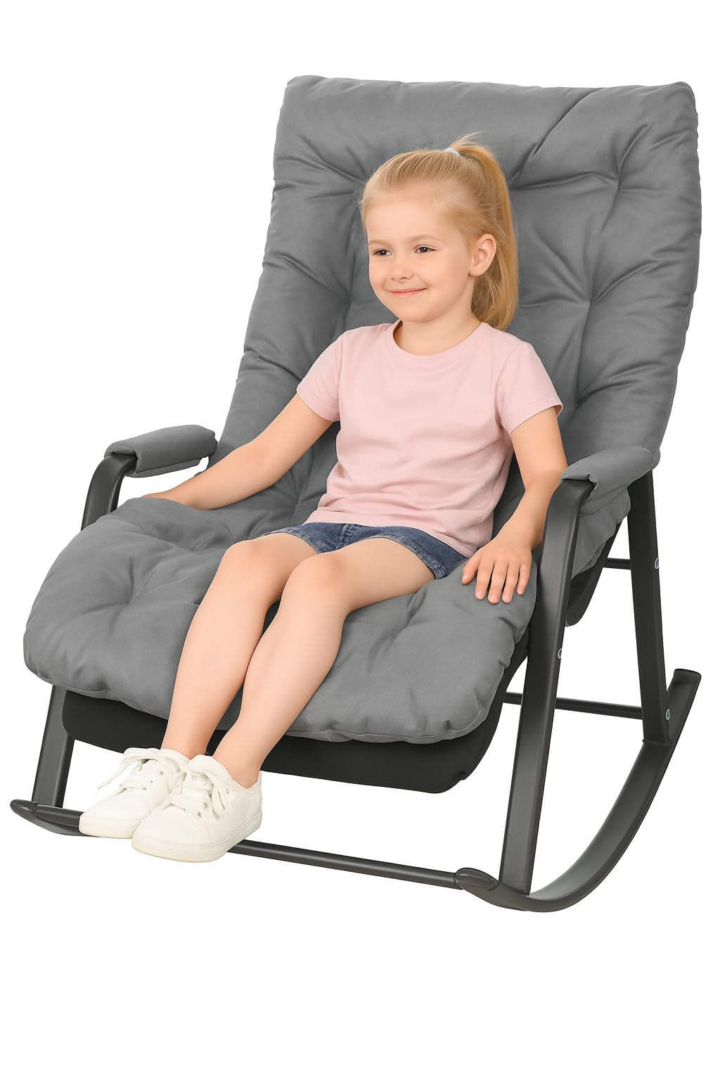 Schaukelstuhl Schaukelstuhl für Kinder 3 Jahre + mit Armlehnen und Seitentasche, Stahlgestell, Fußstütze verstellbar in 5 Höhen, Tragkraft 250 kg, Wohnzimmer, Schlafzimmer, Grau