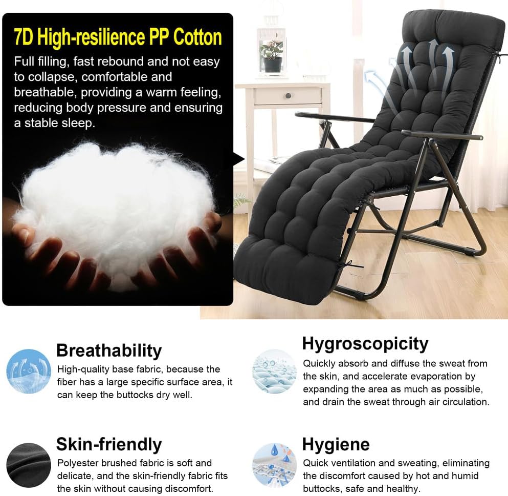 Black Polyester Chaise Lounger Cushion for Outdoor Recliners