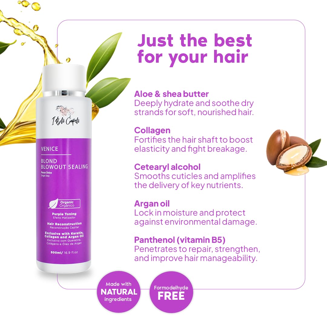 I Belli Capelli Venice Organic Keratin Treatment Formaldehyde Free- Blowout Reconstructive Organic Hair Treatment Straightening in 1 Step for Blond and Tinted Hairs-Progressiva, 500ml/16.9 fl.oz