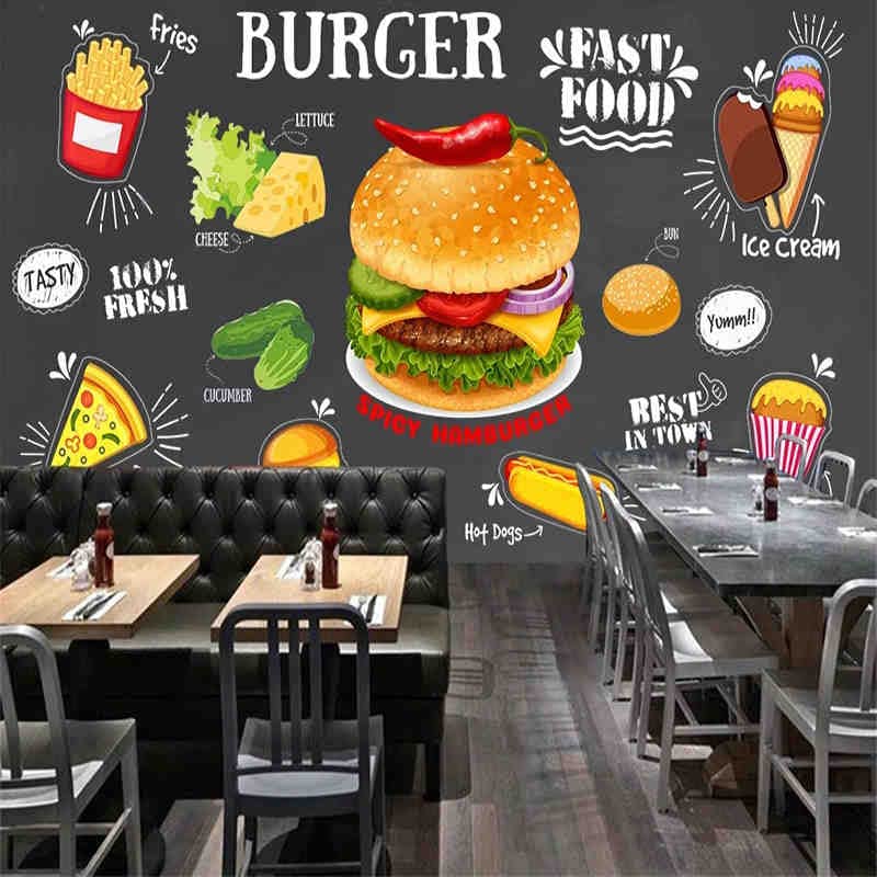 Papel pintado personalizado Retro pared negra pollo frito hamburguesa cartel gourmet restaurante cocina foto pared Mural Papel De pared 3D
