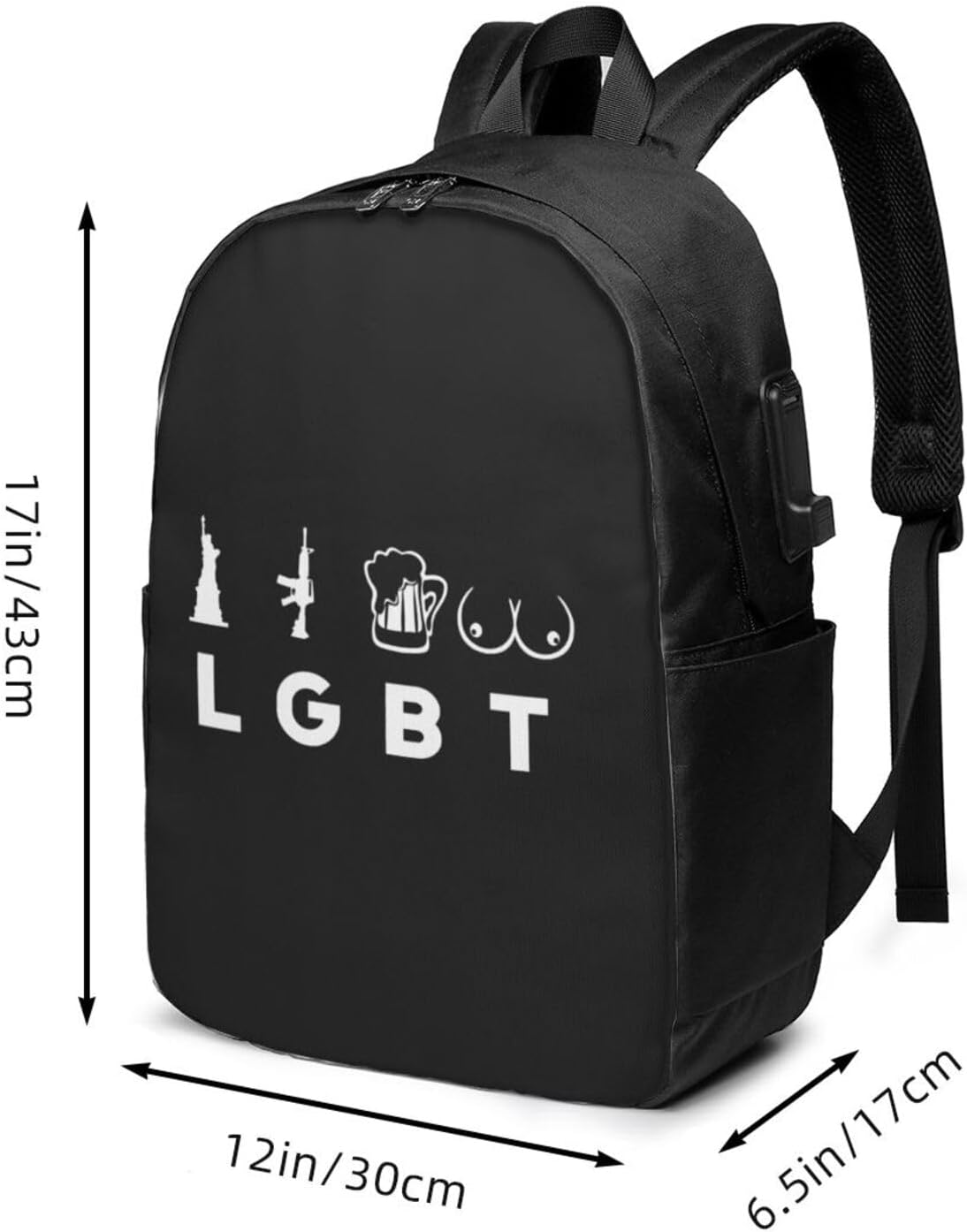 LGBT - Liberty Guns Beer Tits Travel Laptop Backpack Bag with USB Charging Port 17 Inch Computer Business Backpacks for Women Men Work College Funny Gift,Casual Daypack,Black image 3