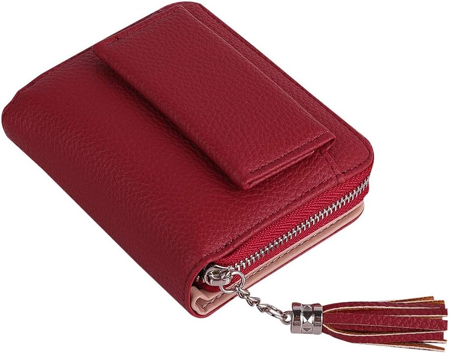Women Small Wallet, Lady's Mini Wallet RFID Blocking Bifold Leather Multi-purpose Wallet with ID Window（wine red）