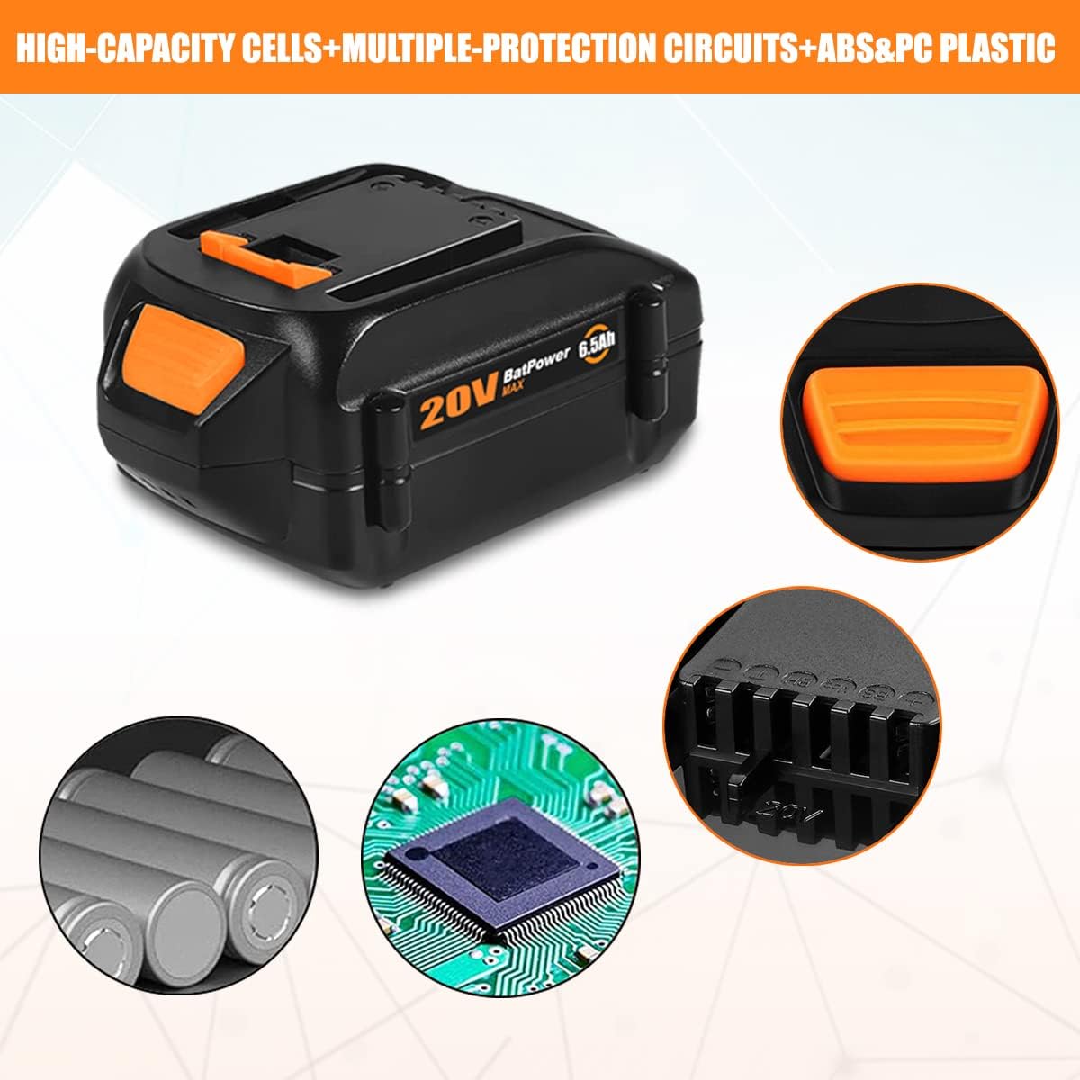 BatPower 6.5Ah 20V Battery Replacement Compatible with Worx 20 Volt Lithium-Ion Cordless Tools, High Performance Battery Pack for 20V Nitro Drills, Hydroshot and Leaf Blowers(1 Pack)