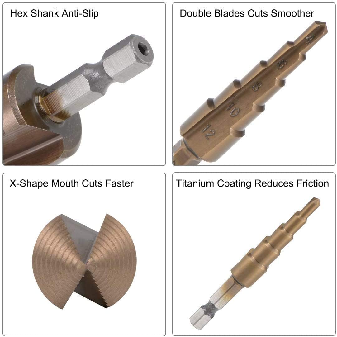 Auniwaig Step Drill Bits HSS 4-12mm Titanium Coated Straight Flutes Trilateral Shank for Metal Wood Plastic